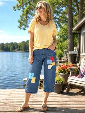 Patchwork Capris Jean Shorts Upcycled Denim Spring Summer Picnic Pants Size 8